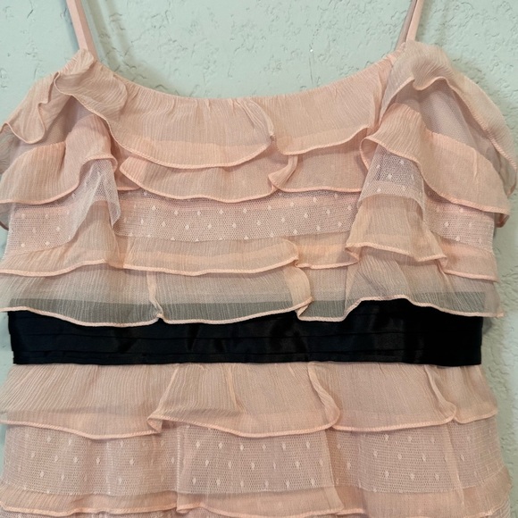 Women's BCBGMaxAzria Soft Ballet Pink Dress with Ruffles & Black Waistband - Picture 3 of 14